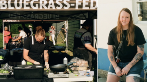 Two side-by-side images show chef Connie Hartsock. On the left, Hartsock prepares food under a tent labeled “Bluegrass-Fed” during an outdoor event, surrounded by other vendors and attendees. On the right, Hartsock sits casually outside a building, smiling, wearing a black T-shirt and shorts, with visible tattoos on both arms.