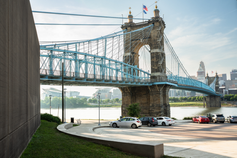 The John A. Roebling Suspension Bridge connecting Covington and Cincinnati