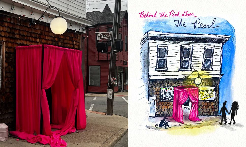 A photo of The Pearl bar in Louisville, Kentucky, featuring a bright pink fabric doorway installation outside the entrance, symbolizing the “Behind the Pink Door” event. Beside it, an illustrated artwork of The Pearl shows the same pink-draped entrance with handwritten text reading “Behind the Pink Door – The Pearl,” and two silhouetted figures walking toward it, capturing the event’s vibrant, welcoming queer energy.