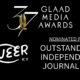 Graphic announcing Queer Kentucky’s nomination for the GLAAD Media Award for Outstanding Independent Journalism, recognizing LGBTQ journalism in Kentucky.