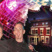 Composite image featuring a cracked disco ball framing a Victorian mansion at night in Old Louisville, with two men in the foreground, representing the HBO docuseries Murder in Glitter Ball City and the case explored in the series.