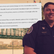 Covington Police Officer Doug Ullrich smiling in uniform, pictured in front of the Roebling Bridge. Overlaid is an excerpt from a federal civil rights lawsuit alleging his actions and departmental failures violated plaintiffs' Fourth and Fourteenth Amendment rights.