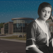 Frieda Belinfante as a young woman holding a cello, composited over a photo of Ballyshannon Middle School in Union, Kentucky