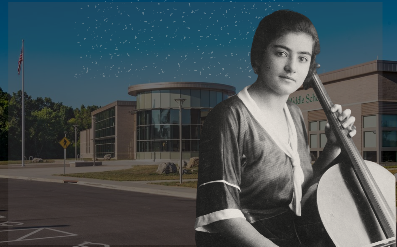 Frieda Belinfante as a young woman holding a cello, composited over a photo of Ballyshannon Middle School in Union, Kentucky