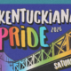 The official Kentuckiana Pride 2026 event graphic featuring rainbow-colored bold text and an illustrated bridge in Pride colors against a blue background, with the word "Saturday" in the corner.