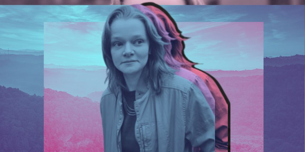 Portrait of Melissa Helton against a blue and pink tinted mountain landscape.