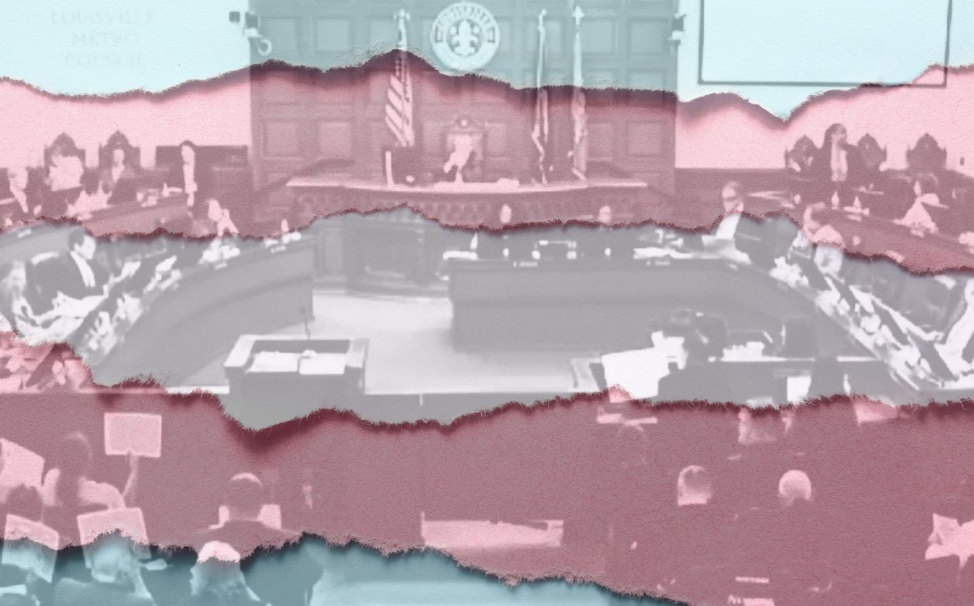 A collage of the Louisville Metro Council chamber tinted in pink and blue, with a torn paper effect overlaid, symbolizing the divided community response to Louisville's proposed Trans Safe Haven ordinance.