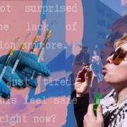 A collage featuring a gloved hand holding multiple syringes against a pink and blue torn paper background with faded text reading "I'm not surprised by the lack of education anymore. I'm just tired. Does this feel safe to me right now?" On the right, a person in sunglasses and a keffiyeh blows bubbles at a protest, shown in a blue-pink duotone.