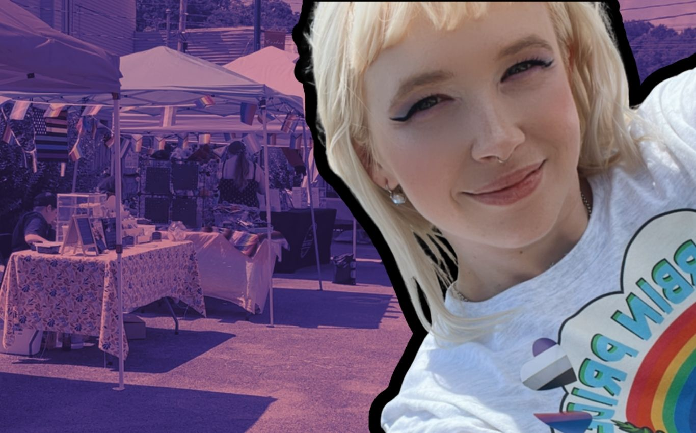 Rebecca Chastain smiles at the camera wearing a Corbin Pride t-shirt, overlaid against a purple-tinted photo of vendor tents and attendees at a previous Corbin Pride event.
