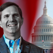 A collage image of Kentucky Governor Andy Beshear smiling, set against the U.S. Capitol building and an American flag background.