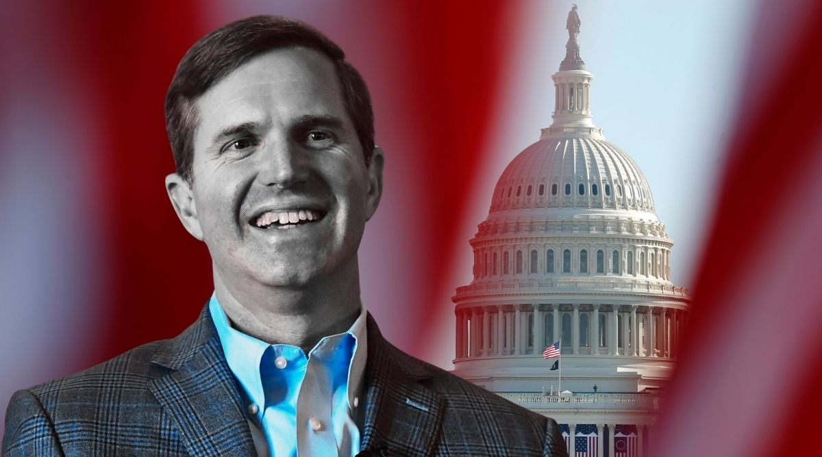 A collage image of Kentucky Governor Andy Beshear smiling, set against the U.S. Capitol building and an American flag background.