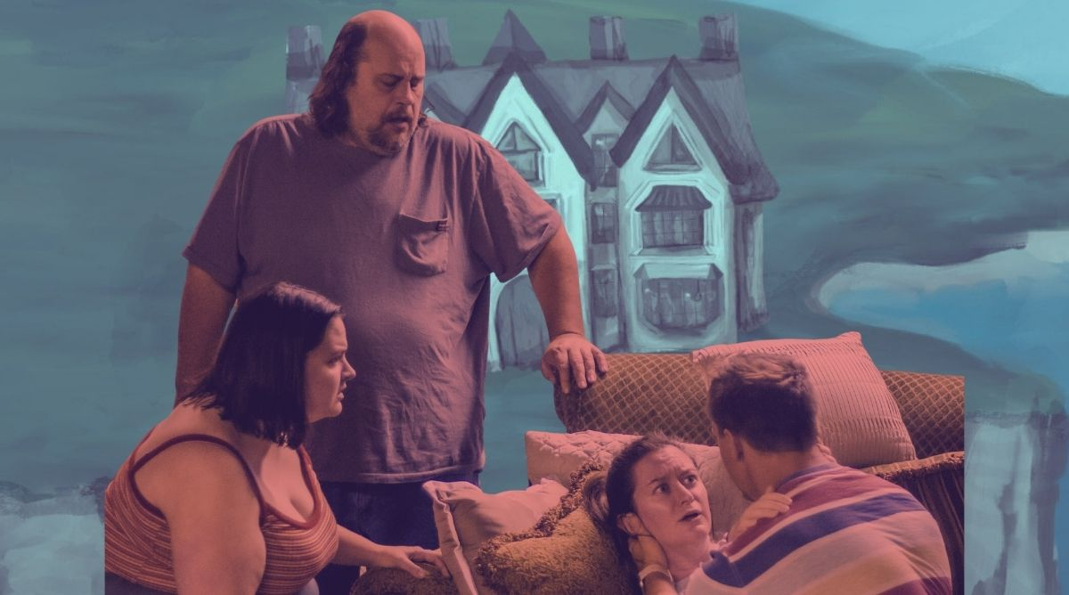 A promotional production photo from Highview Arts Center's staging of Agatha Christie's And Then There Were None. Four cast members are captured mid-scene: a man stands over a sofa looking down, while three other actors engage in tense conversation around it. Behind them, a painted backdrop depicts an isolated manor house surrounded by water — evoking the island setting of Christie's classic mystery. The image is tinted in moody blue and pink tones.