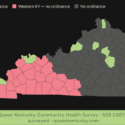 A county map of Kentucky showing which communities have local LGBTQ+ fairness ordinances, with western Kentucky counties highlighted in pink to show the region's lack of protections.
