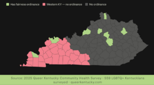 A county map of Kentucky showing which communities have local LGBTQ+ fairness ordinances, with western Kentucky counties highlighted in pink to show the region's lack of protections.