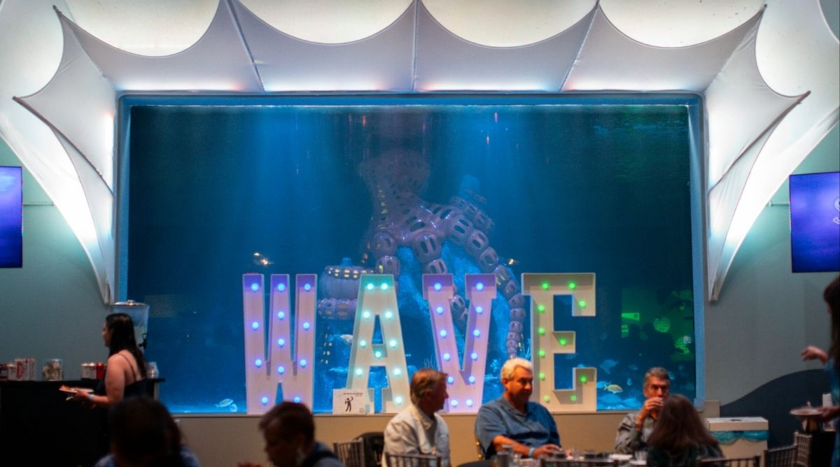 Guests mingle at a previous WAVE Foundation Make WAVEs Gala at Newport Aquarium, with a large illuminated WAVE sign in front of a floor-to-ceiling aquarium tank.