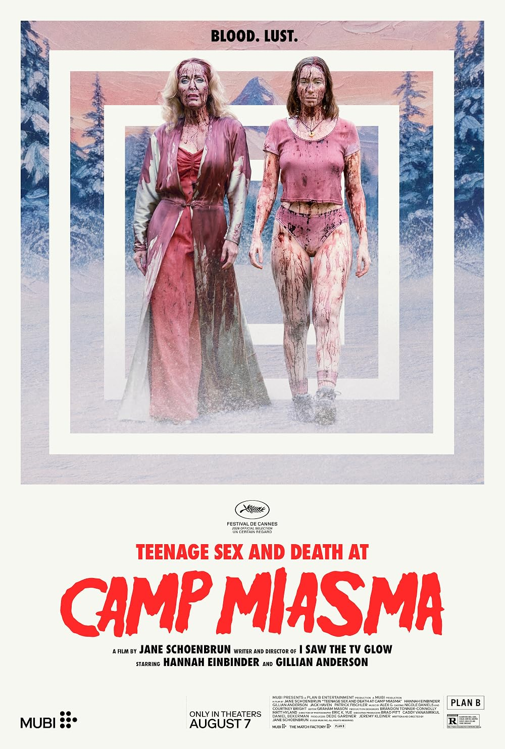 Film poster for Teenage Sex and Death at Camp Miasma (2026), showing two blood-covered women walking through snow