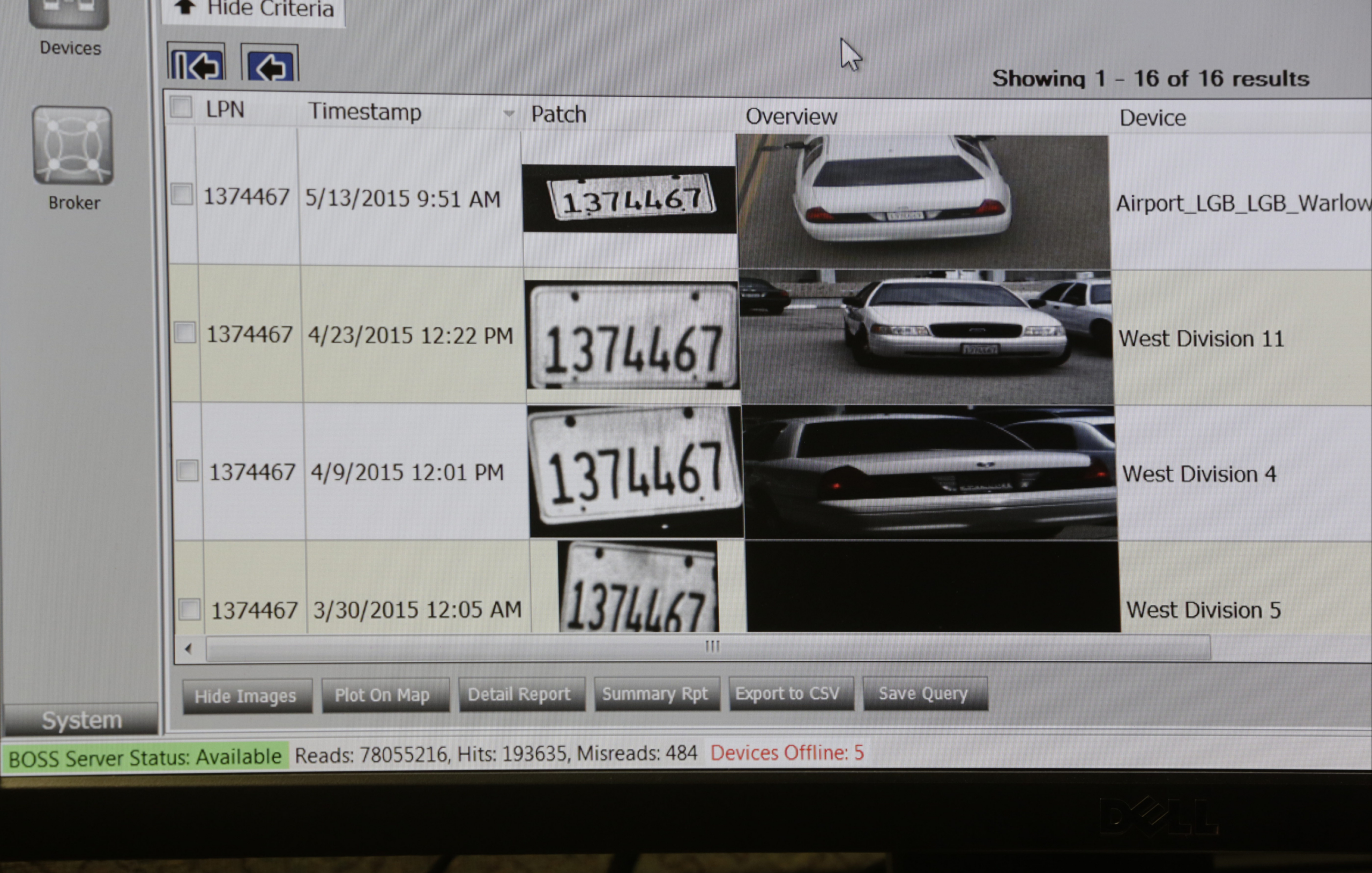A computer screen showing license plate reader software results. The same plate number is logged four times on different dates by different cameras, each entry with a close-up of the plate and a photo of the white car it belongs to.