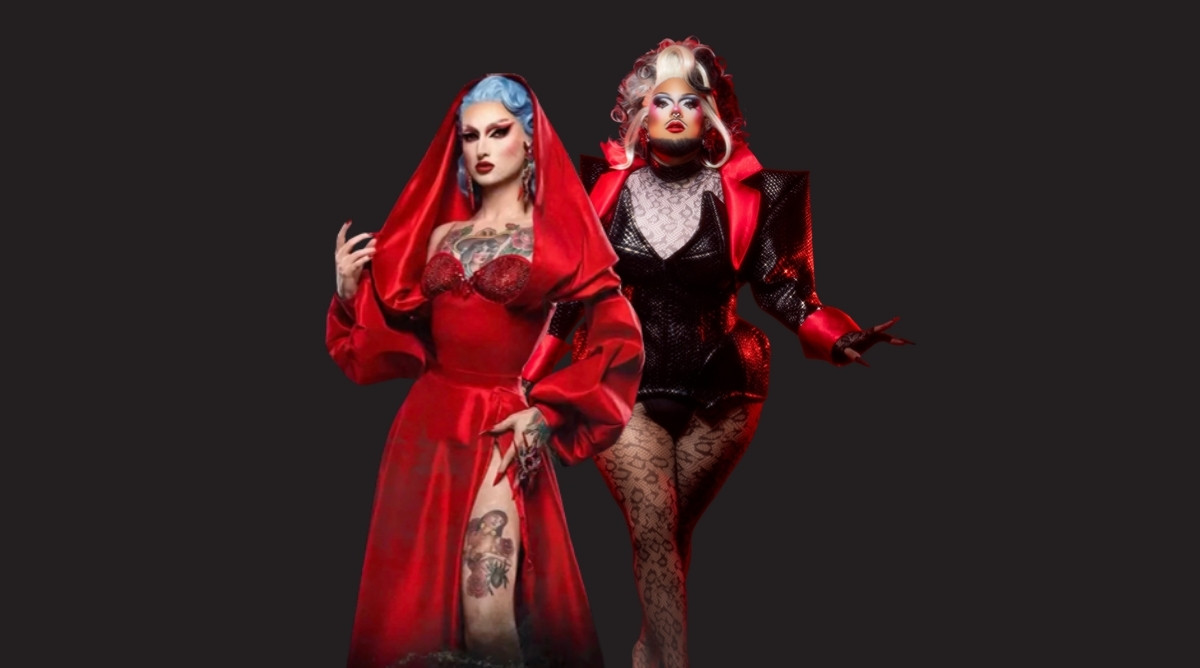 Henderson KY Pride's Haunted Haus of Drag guests Aurora Gozmic, left, and Sinema LaRue in red and black looks.