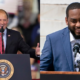 Andy Barr speaks at a podium with Donald Trump behind him, beside a photo of Charles Booker smiling at a microphone.