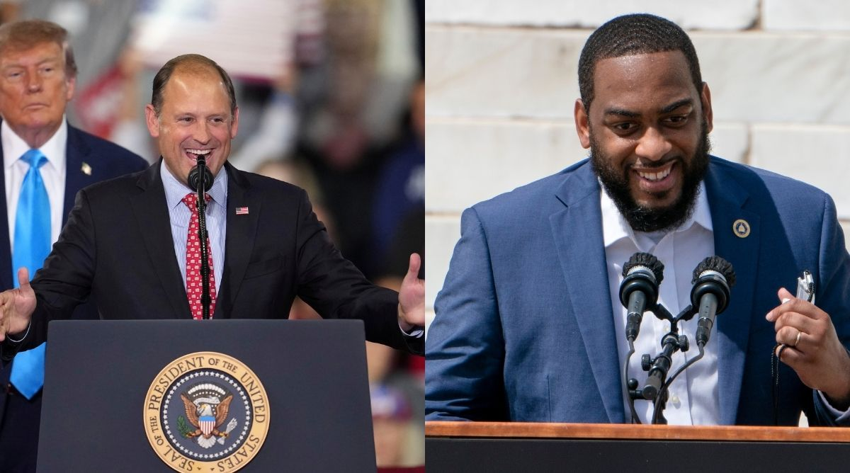 Andy Barr speaks at a podium with Donald Trump behind him, beside a photo of Charles Booker smiling at a microphone.