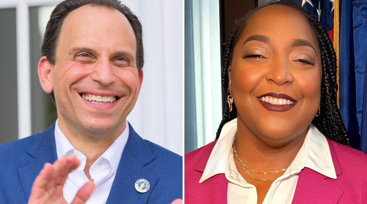 Side-by-side portraits of Louisville mayoral candidates Craig Greenberg, left, and Shameka Parrish-Wright, right, both smiling.