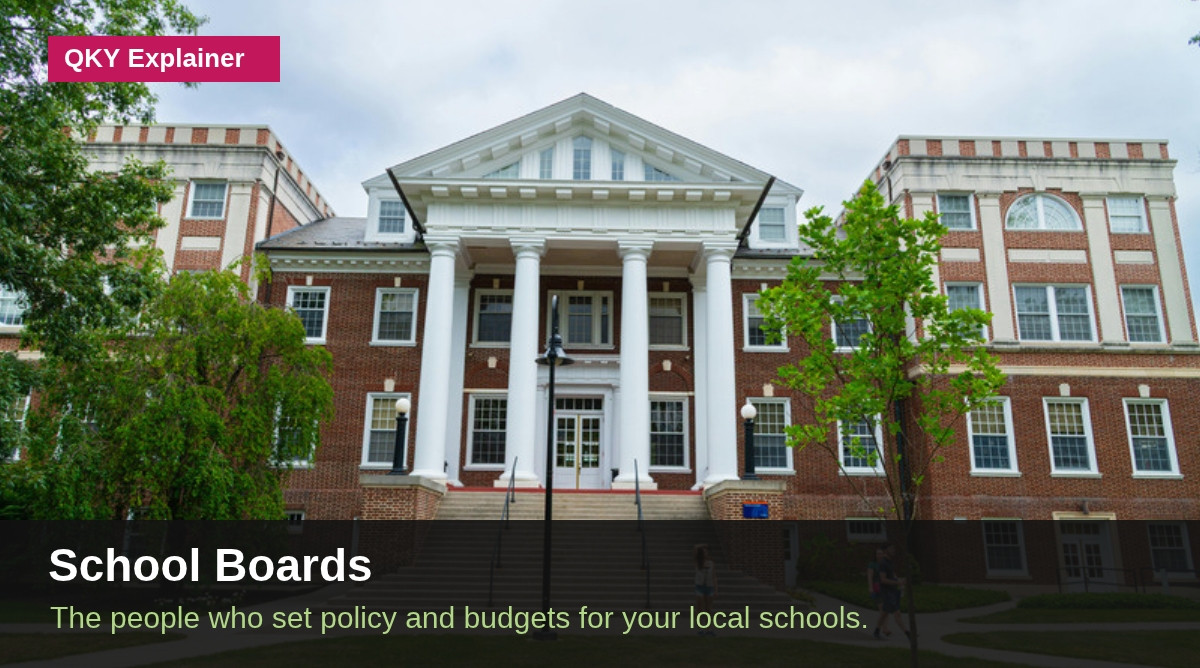 QKY Explainer graphic: a red brick school building with white columns and the headline School Boards