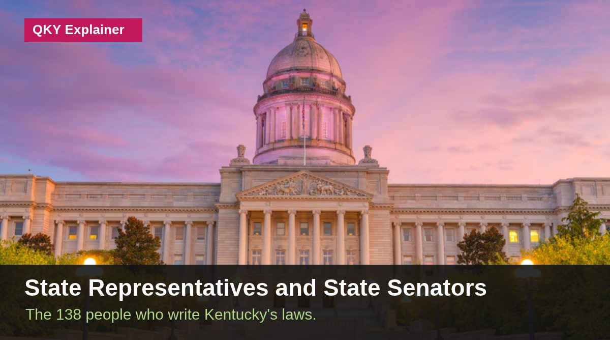 QKY Explainer graphic: the Kentucky State Capitol in Frankfort at dusk with the headline State Representatives and State Senators